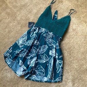 Teal/floral print open back romper
